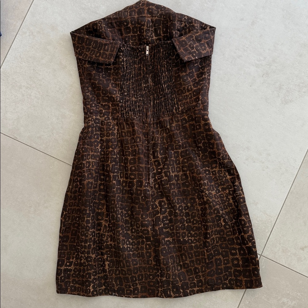 Reformation Strapless Brown Patterned Mini Dress - image 3